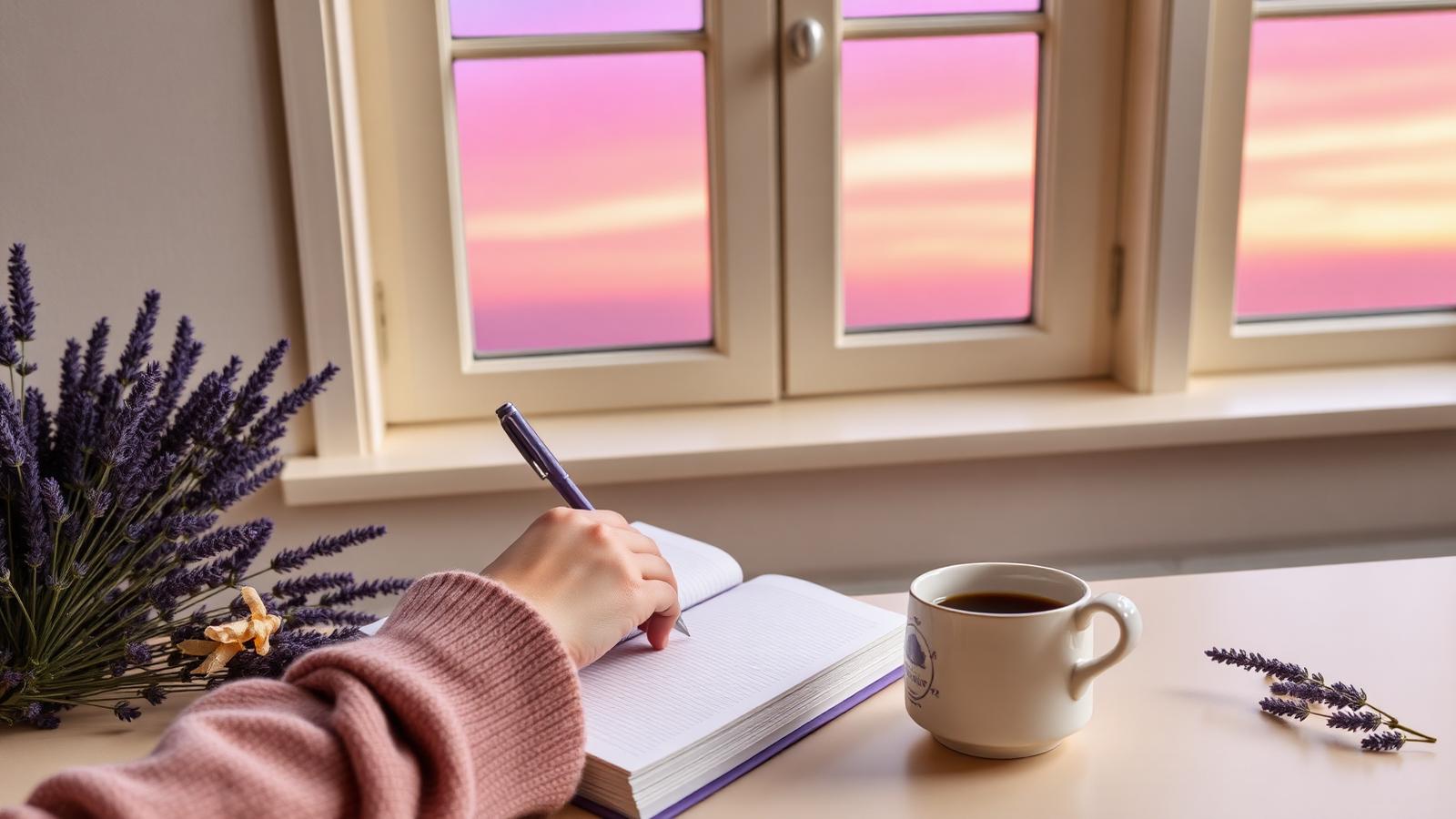 Founder writing in a lavender notebook